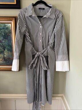 Lafayette 148 New York Black White Striped Tie-Waist Shirt Dress Tunic XL
